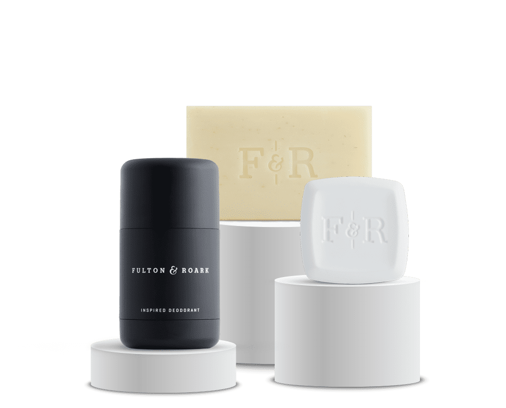 Essentials Set including deodorant, bar soap and solid fragrance square